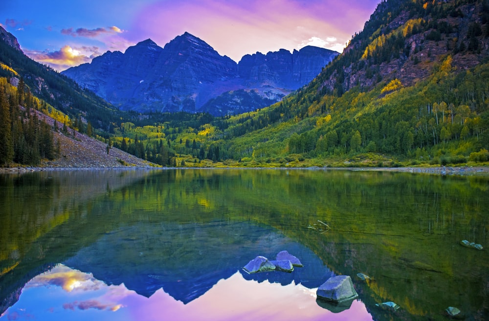 green trees and mountains near lake during daytime