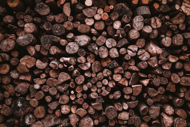 A pile of stacked firewood, consisting of various sizes and shapes of cut wooden logs. The logs display a variety of textures and grain patterns, with some showing rough, bark-covered surfaces and others revealing the smooth, cross-section of the wood. The image is rich in earthy brown tones and appears densely arranged.