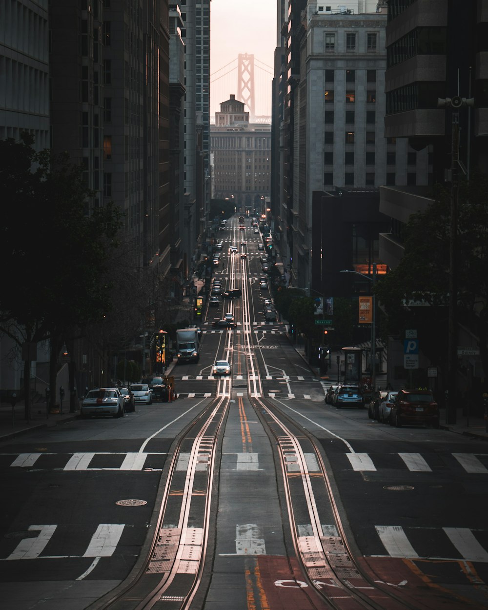 cars on road in between high rise buildings during night time