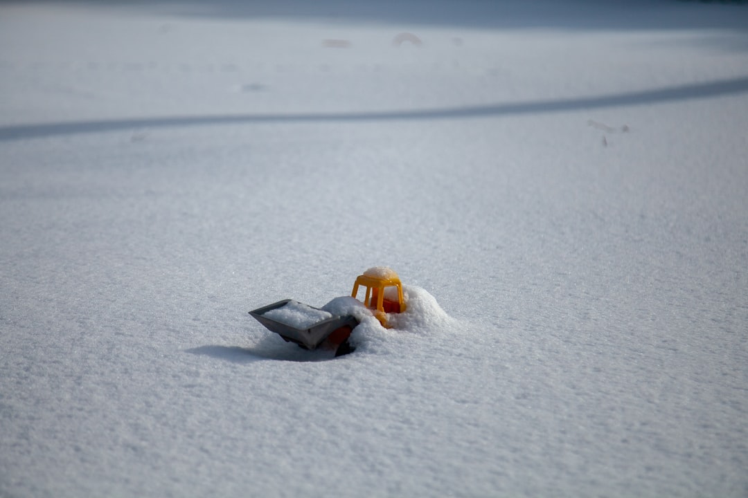 silver and orange plastic toy on snow covered ground