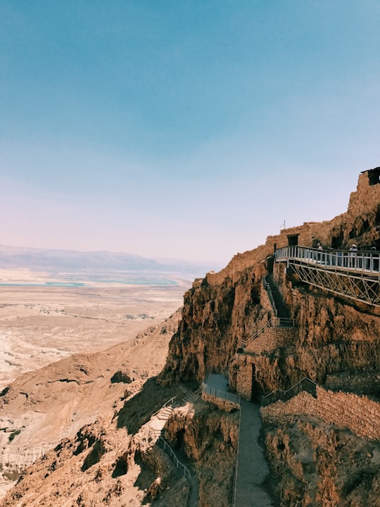 brown rock formation near body of water during daytime in Masada National Park Israel