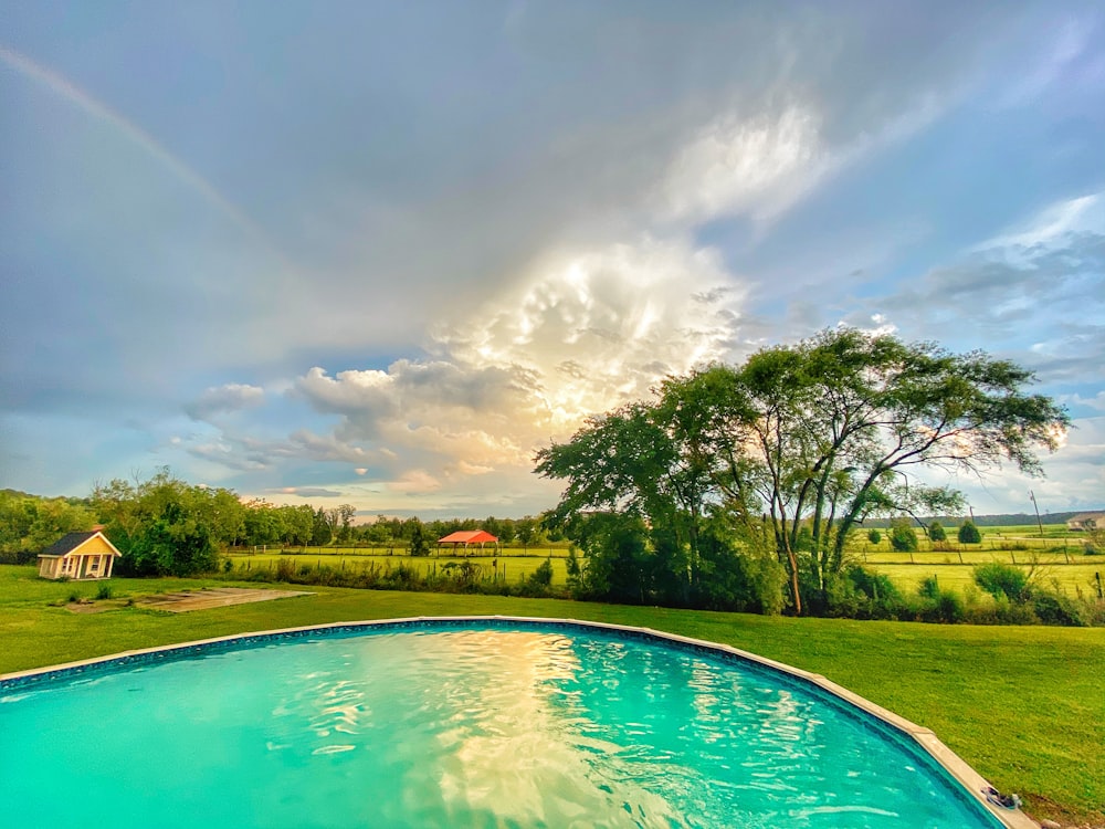 green trees beside swimming pool under blue sky during daytime