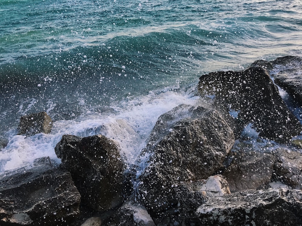 昼間の海岸の黒い岩
