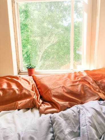 A cozy double bed with soft pillows and green leafy plants beside the window.
