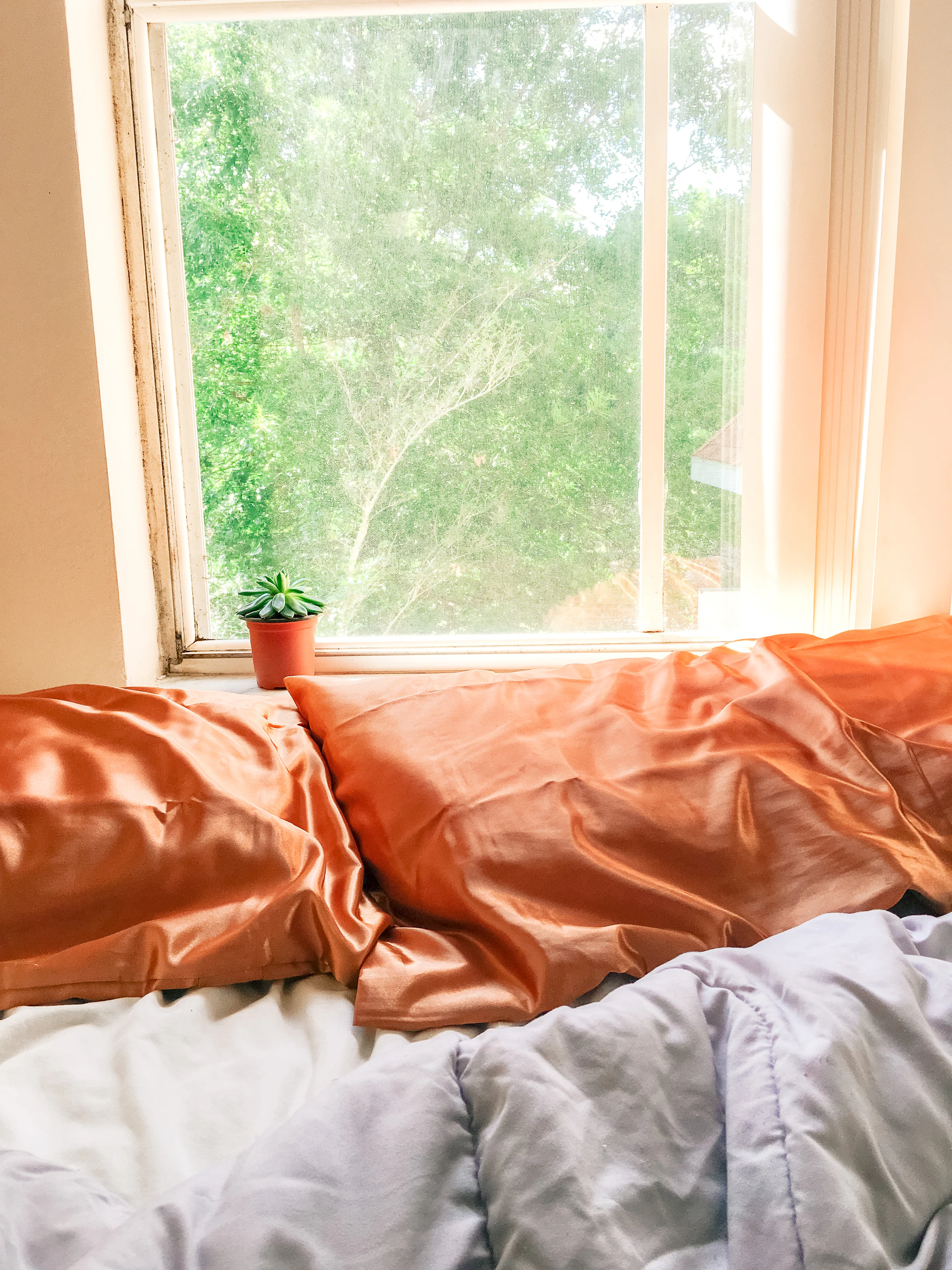 Sunlit cozy bedroom with soft linens and a view of lush greenery through the window.