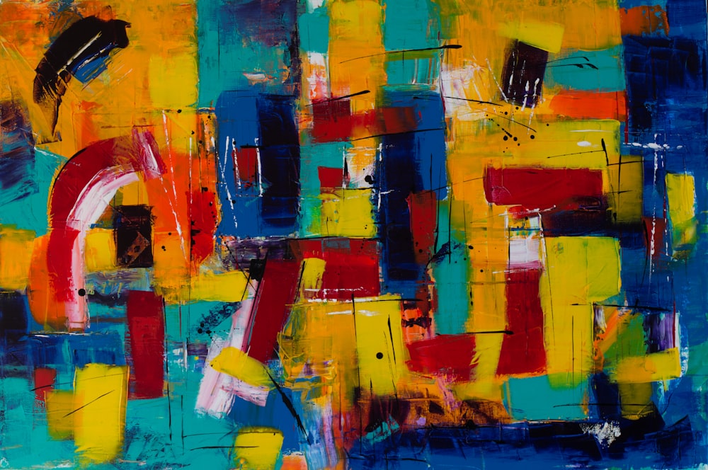 blue yellow red and pink abstract painting