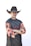 man in black cowboy hat and black red and blue crew neck long sleeve shirt