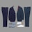 A collection of formal clothing items displayed on a flat surface, including two pairs of trousers and two suit jackets in different shades of blue, accompanied by a pair of white sneakers and a pair of light blue tassel loafers.
