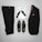 A neatly arranged flat lay of formal menswear, including a black suit jacket with satin lapels, matching black trousers, a white dress shirt with a black bow tie, and a pair of black leather dress shoes.