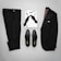 A neatly arranged flat lay of formal menswear, including a black suit jacket with satin lapels, matching black trousers, a white dress shirt with a black bow tie, and a pair of black leather dress shoes.