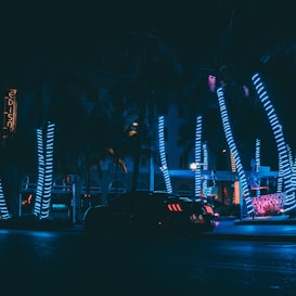 A nighttime urban scene with palm trees wrapped in vibrant blue neon lights, creating a striking contrast against the dark surroundings. A sleek black car is parked on the street, and the background features art deco architecture illuminated by colorful lights.
