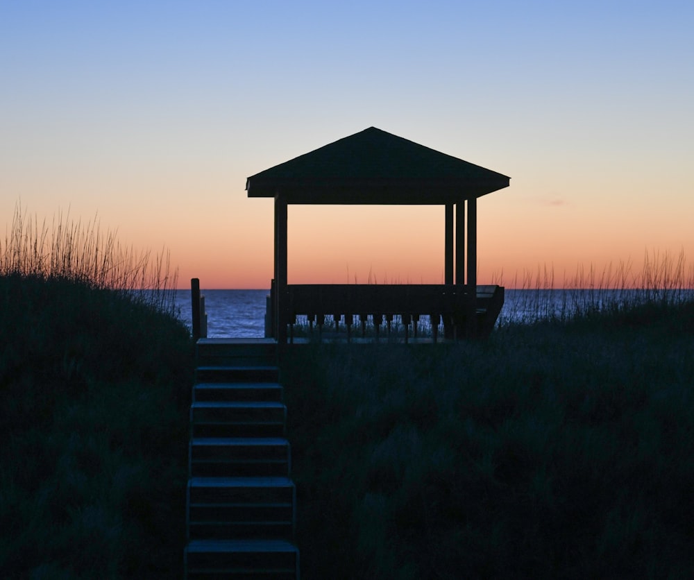 blue wooden dock on green grass field during sunset