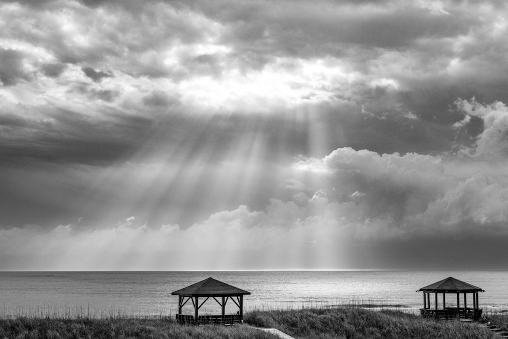 grayscale photo of gazebo on grass field near body of water