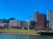 A cityscape featuring a riverside park with green grass and scattered trees in the foreground. Behind the park, a line of modern office and residential buildings rises, displaying a blend of architectural styles, from sleek glass facades to brick exteriors. A construction crane indicates ongoing development in the area, and a flag can be seen waving atop one of the buildings. The sky above is clear and bright blue, contributing to a serene city environment.