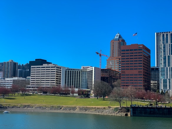 A cityscape featuring a riverside park with green grass and scattered trees in the foreground. Behind the park, a line of modern office and residential buildings rises, displaying a blend of architectural styles, from sleek glass facades to brick exteriors. A construction crane indicates ongoing development in the area, and a flag can be seen waving atop one of the buildings. The sky above is clear and bright blue, contributing to a serene city environment.