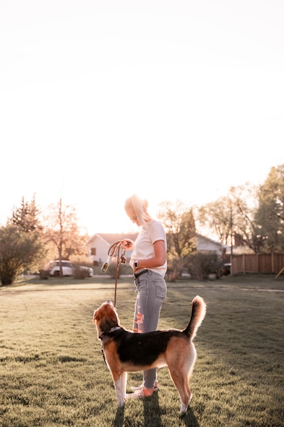 woman in white long sleeve shirt sitting beside brown and black short coated dog during daytime