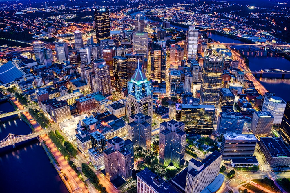 aerial view of city buildings during night time