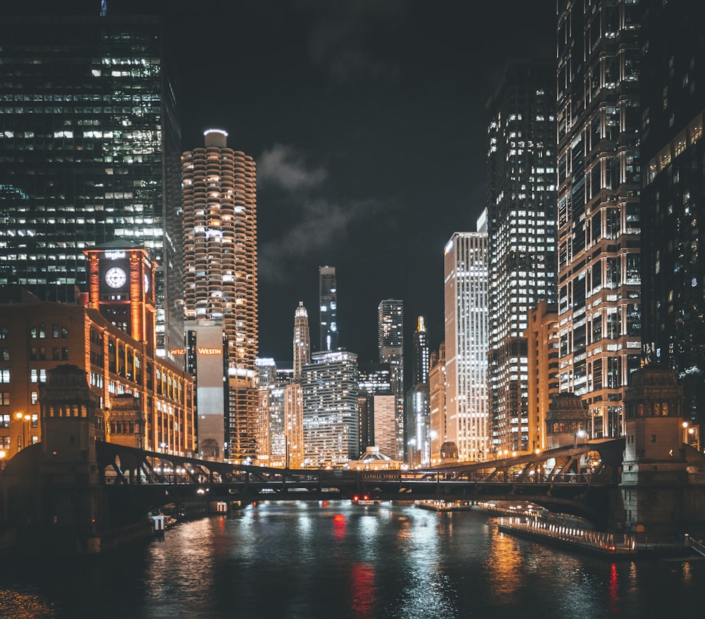 city skyline during night time