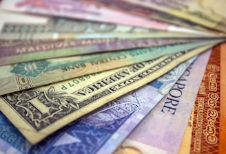 A collection of various international currencies displayed in a fanned out arrangement. The notes are colorful and include currencies from different countries, featuring intricate designs, text, and patterns.