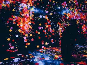 A vibrant, immersive digital art installation featuring a multitude of colorful flowers projected onto walls and the floor. The scene is dark, allowing the bright colors of the flowers, including reds, yellows, and pinks, to stand out. Two individuals are present, silhouetted against the colorful backdrop, seemingly engaged with their surroundings.