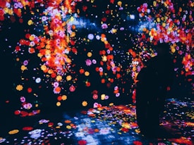 A vibrant, immersive digital art installation featuring a multitude of colorful flowers projected onto walls and the floor. The scene is dark, allowing the bright colors of the flowers, including reds, yellows, and pinks, to stand out. Two individuals are present, silhouetted against the colorful backdrop, seemingly engaged with their surroundings.