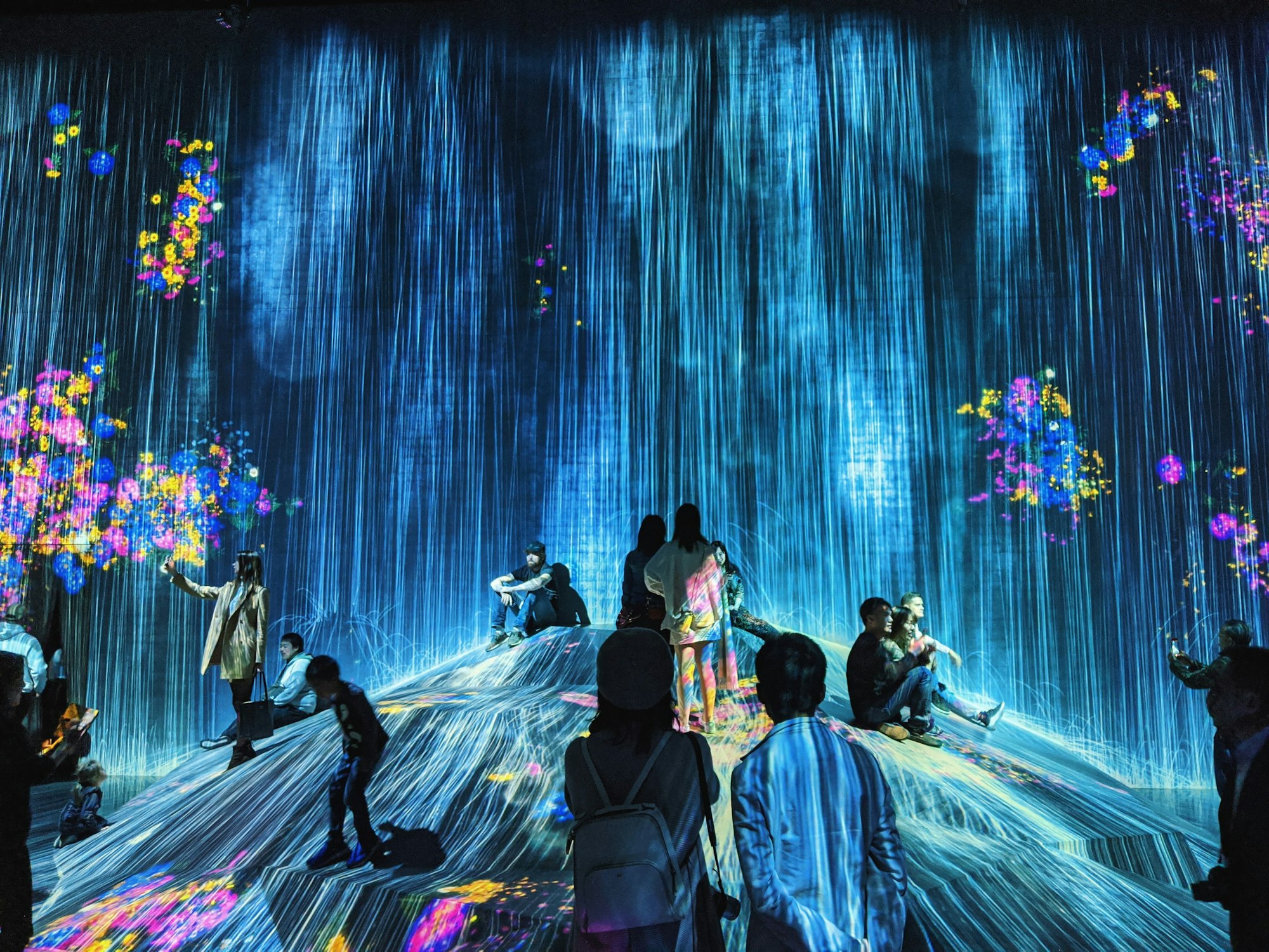 Visitors in a digital waterfall and flower light exhibit