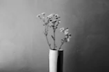 A sleek modern glass vase filled with fresh wildflowers against a white wall.