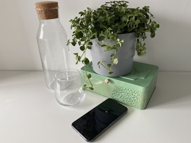 Close-up of glass containers and agricultural products next to a smartphone displaying a quote app.