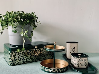 Stylish trays showcasing various garden accessories.