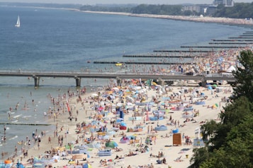 A busy beach scene with numerous people relaxing, sunbathing, and swimming. The sandy beach is dotted with colorful umbrellas, towels, and tents. A pier stretches out into the sea, with people walking and engaging in various activities. The water is a deep blue, contrasting with the light sand. In the background, there are green trees and some buildings visible along the coastline.