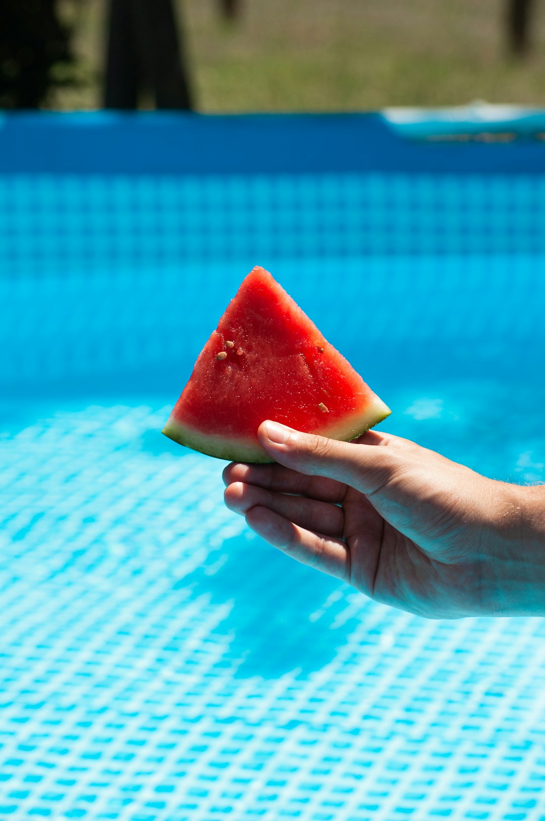 person holding watermelon on swimming pool