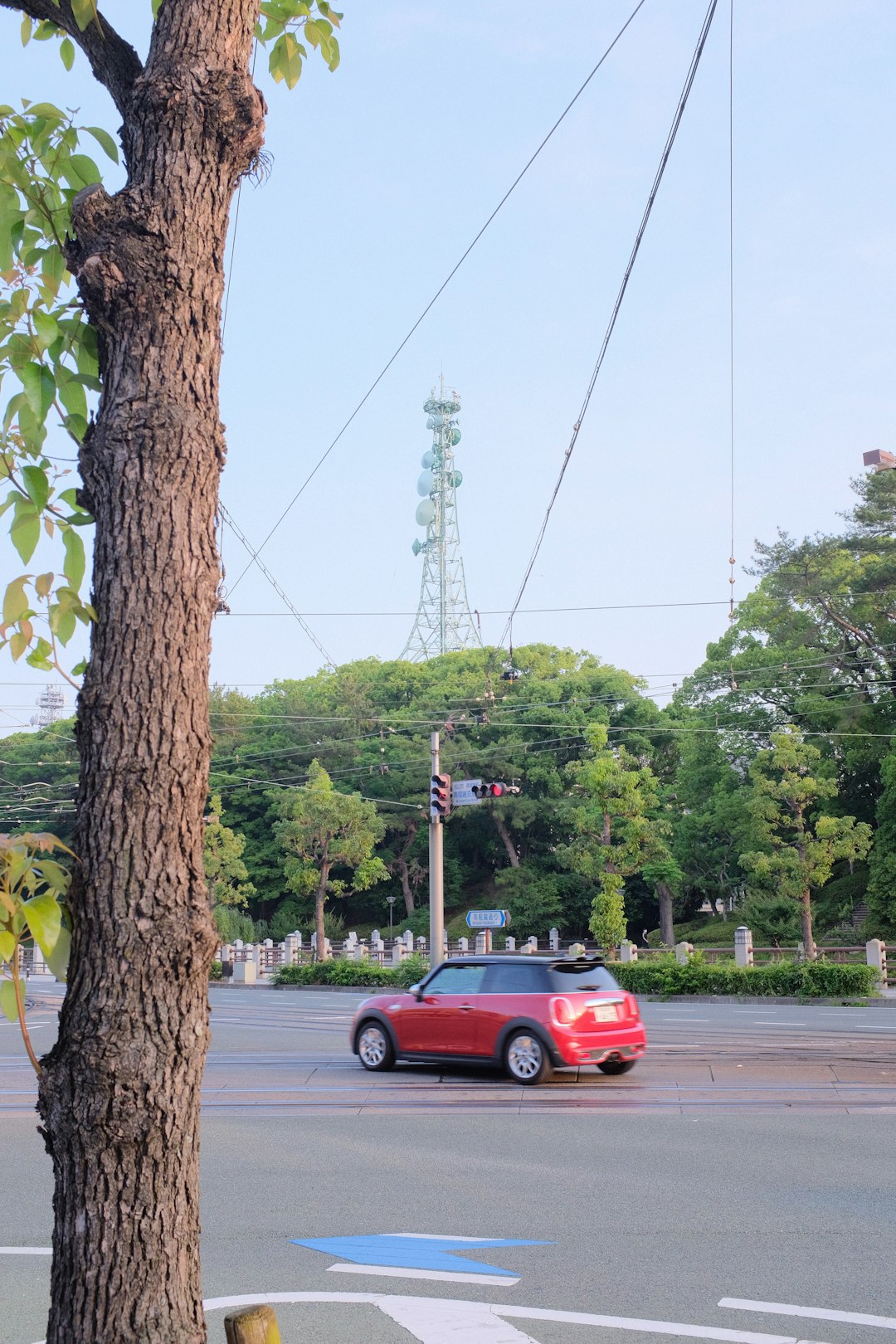 red suv on road near green trees during daytime