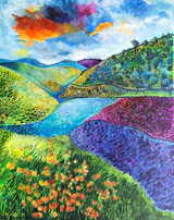 A colorful landscape painting capturing a scene from Fred's travels in Europe during the 1980s.