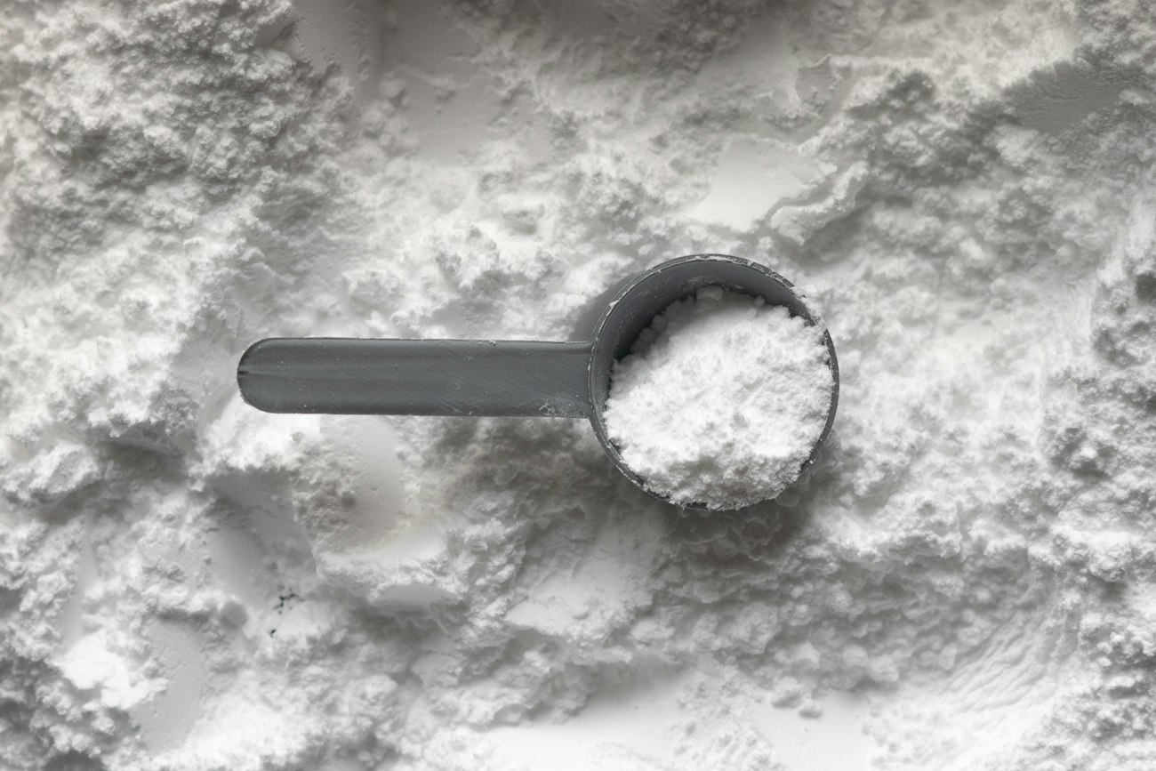 A measuring scoop filled with white creatine powder resting on a bed of powder