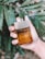 A hand holding a bottle of Bvlgari Man Wood Neroli cologne. The bottle is made of glass and contains a golden-brown liquid. The background includes green leaves, suggesting an outdoor, possibly natural setting.