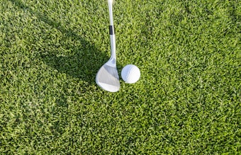 A close-up view of a golf club positioned next to a white golf ball on a well-manicured green lawn. The texture of the grass is short and neatly trimmed.