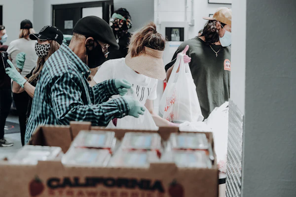 Volunteers organizing supplies for a disaster relief response