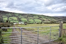 A rural landscape featuring a patchwork of lush green fields interspersed with hedgerows and trees. In the foreground, a dirt pathway leads up to a metal farm gate, while in the background, there are gently rolling hills and a farmhouse partially visible.