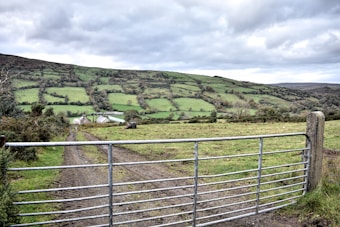 A rural landscape featuring a patchwork of lush green fields interspersed with hedgerows and trees. In the foreground, a dirt pathway leads up to a metal farm gate, while in the background, there are gently rolling hills and a farmhouse partially visible.