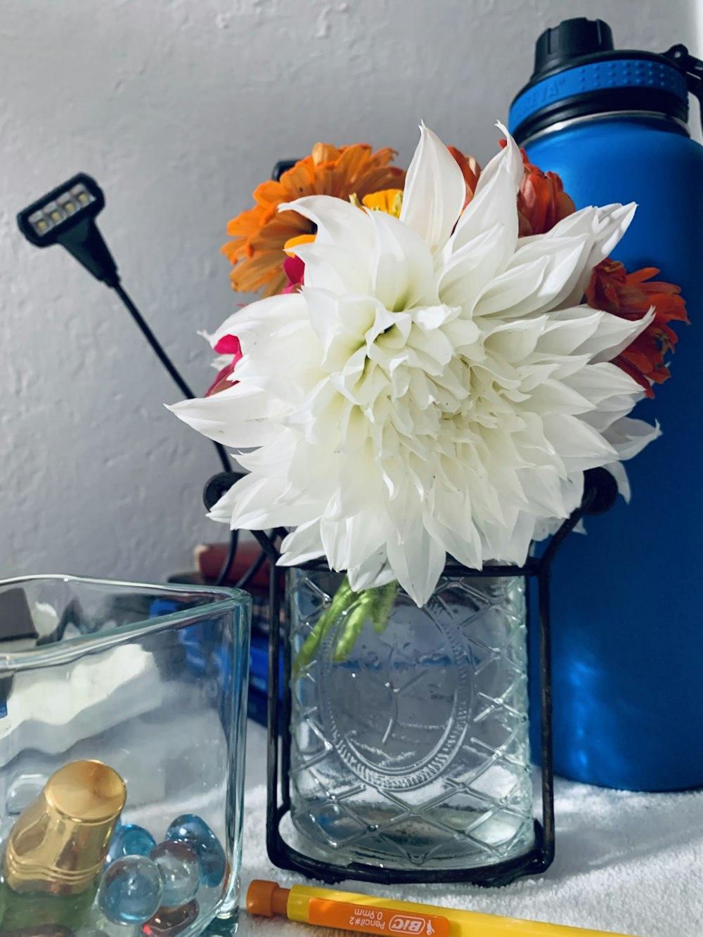 white flower in clear glass vase