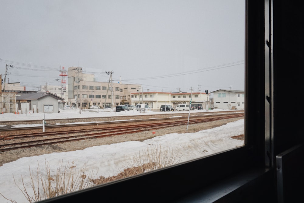 a view of a train track from a window