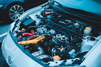 blue and white car engine bay