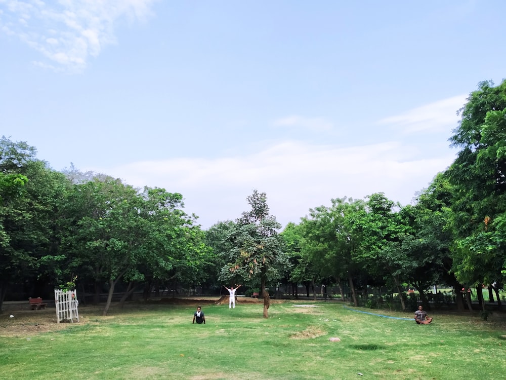 people walking on green grass field surrounded by green trees during daytime