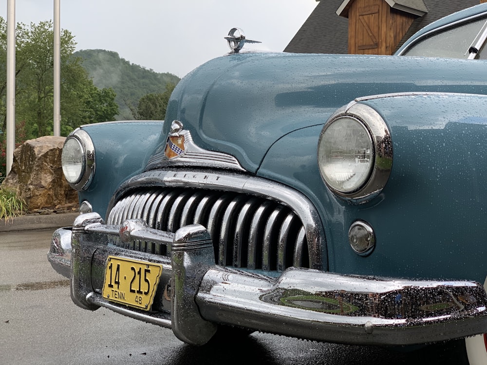 blue and silver vintage car