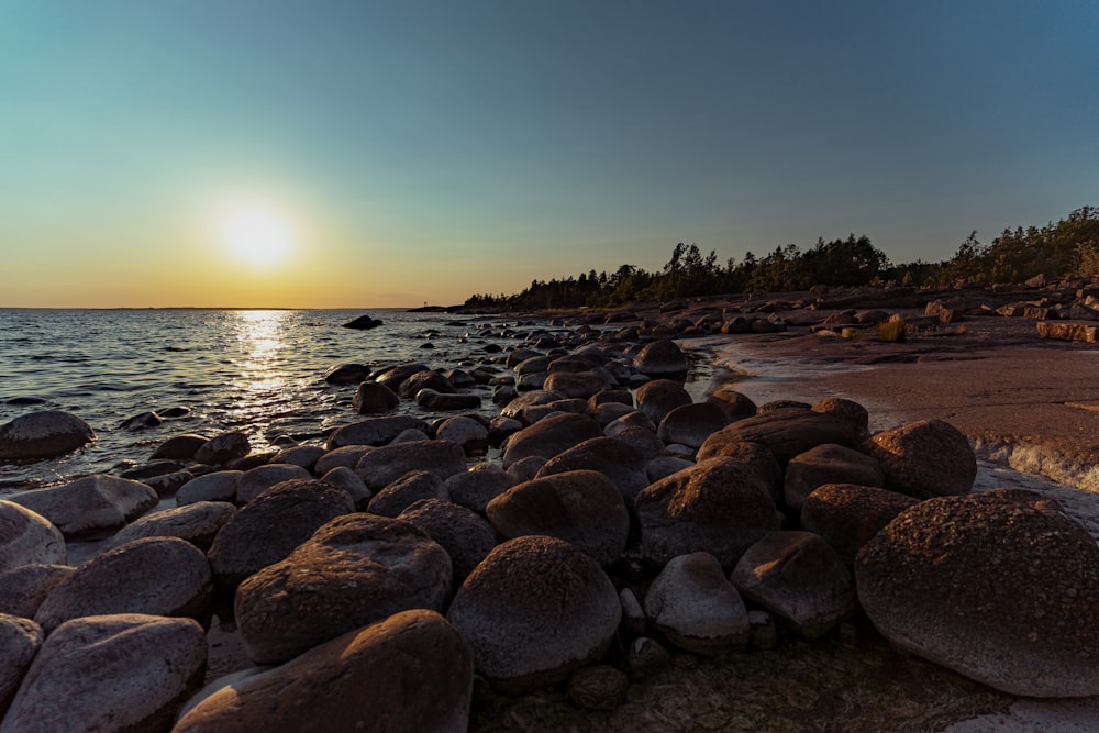 rocks on shore during sunset