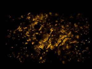 Glowing coals with a dark background create a warm, fiery effect. Randomly scattered, pieces of coal emit a bright orange-yellow hue, providing a contrast against the surrounding darkness.
