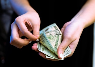 person holding fan of 100 us dollar bill