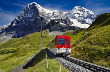 A red and white train travels on a railway track through a picturesque mountain landscape. Snow-covered peaks rise majestically in the background, while lush green hills with scattered trees and a dirt path can be seen in the foreground. The sky is clear and blue, enhancing the natural beauty of the scene.