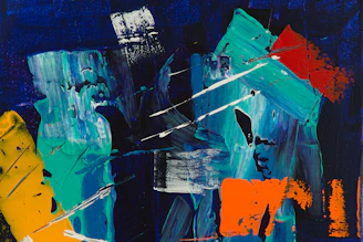 A vibrant plum and teal abstract painting with delicate orange accents, evoking the spirit of a southern French atelier.