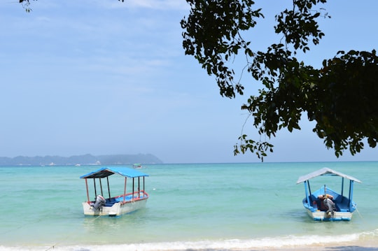 person sitting on blue and white boat on sea during daytime in Andaman and Nicobar Islands India